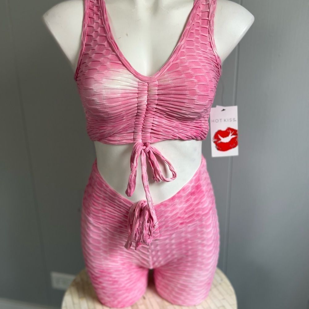 Hot Kiss Pink Textured Two Piece Set Ruched Crop Top & High Waist Shorts Size S